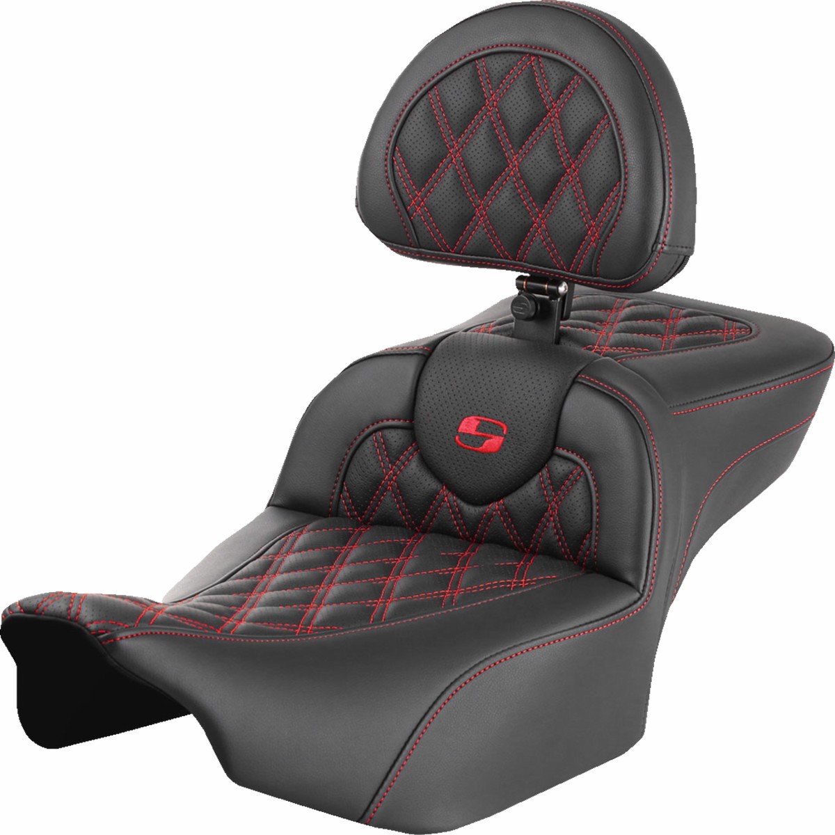 SADDLEMEN Roadsofa Extended Reach Seat - with Backrest - Lattice Stitch - Red Stitch - FLTR/FLHX '23-'25 823-07-184B4