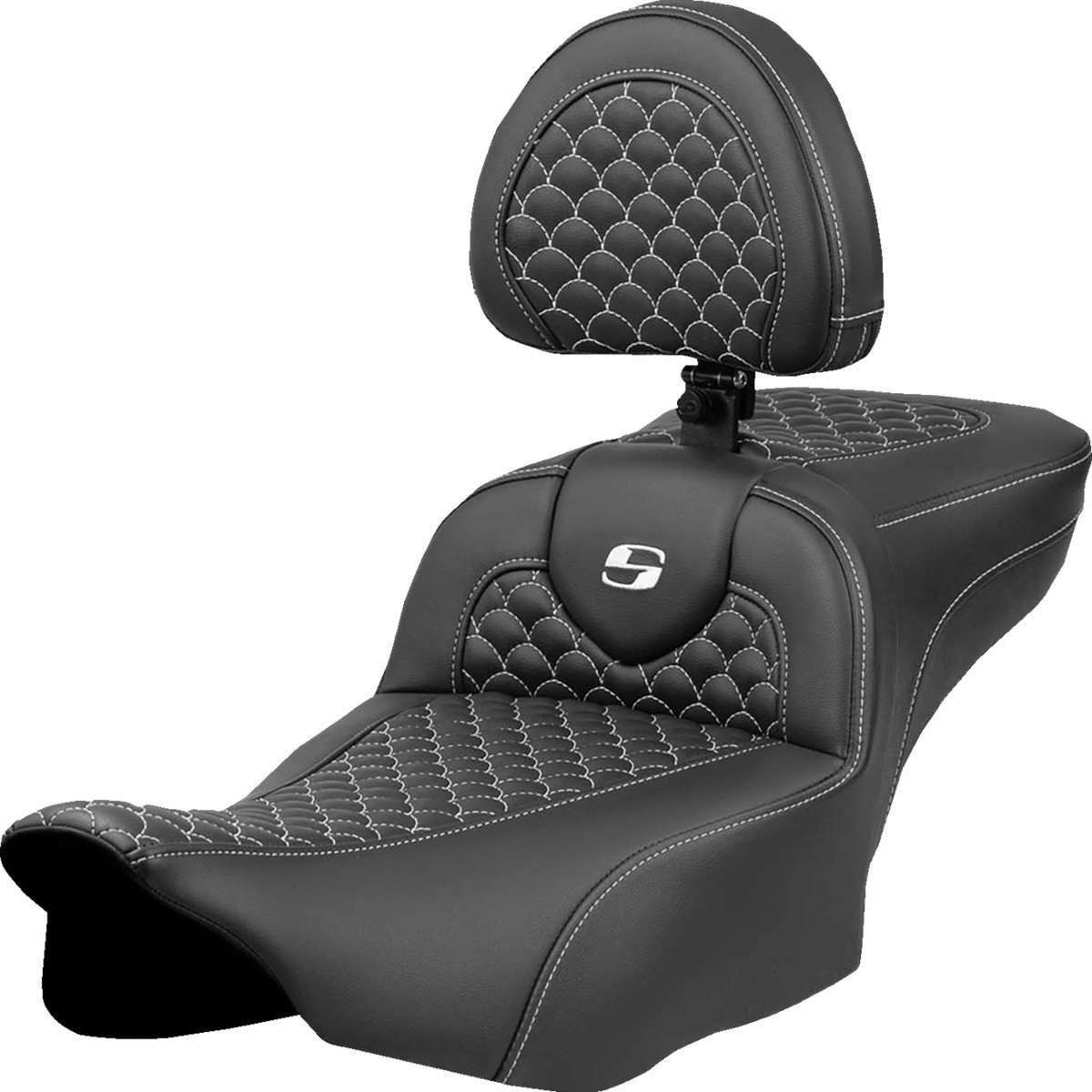 SADDLEMEN Roadsofa Extended Reach Seat - Dragon Scale Stitch - White Stitch - w/ Backrest - FLTR/FLHX '23-'25 - 823-07-209B6