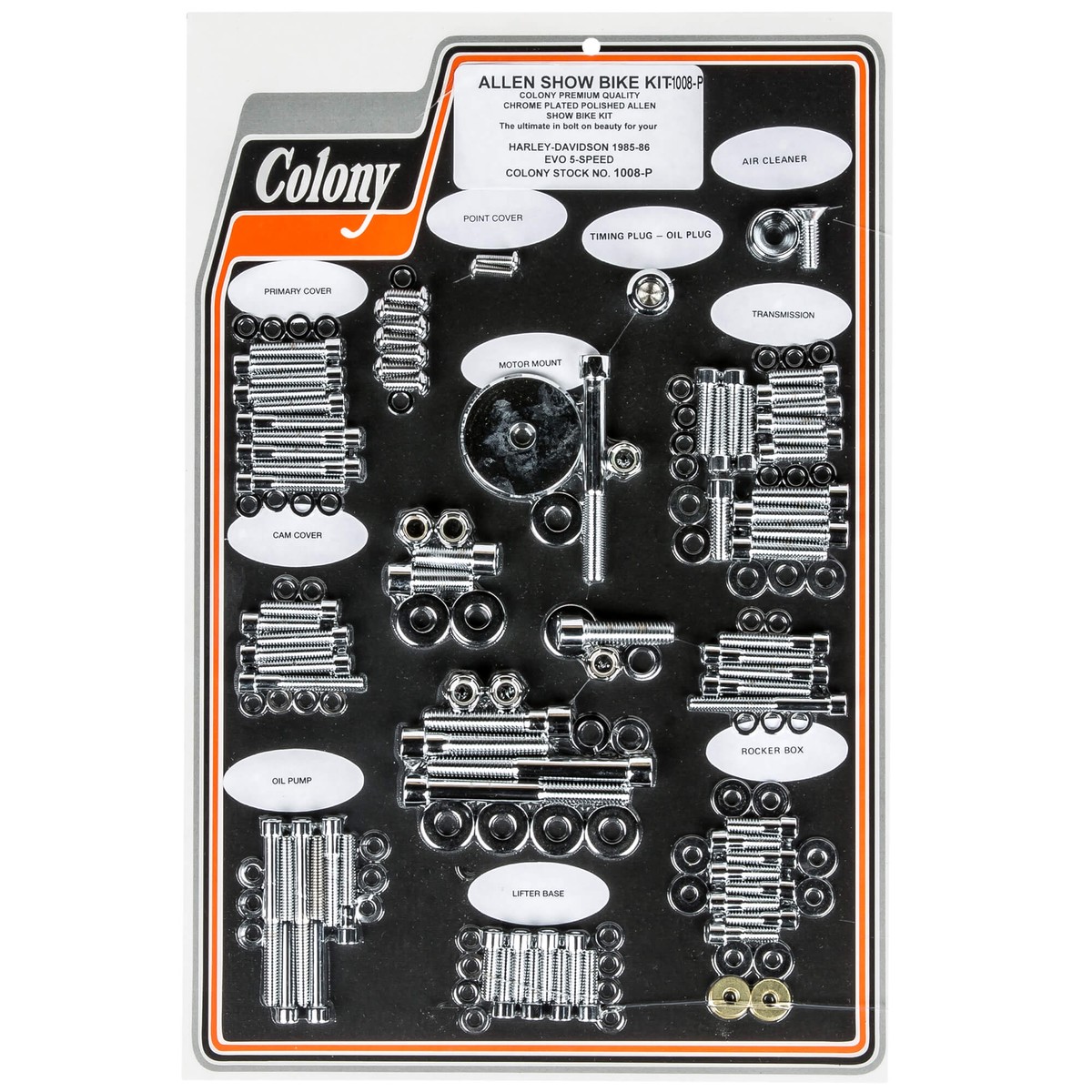 #1008-P Complete Show Bike Kit Smooth Allen Hardware Harley-Davidson 1985-1986 Evo 5 Speed - Chrome Plated